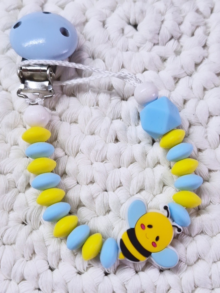 Schnullerkette Biene (blauer Clip)